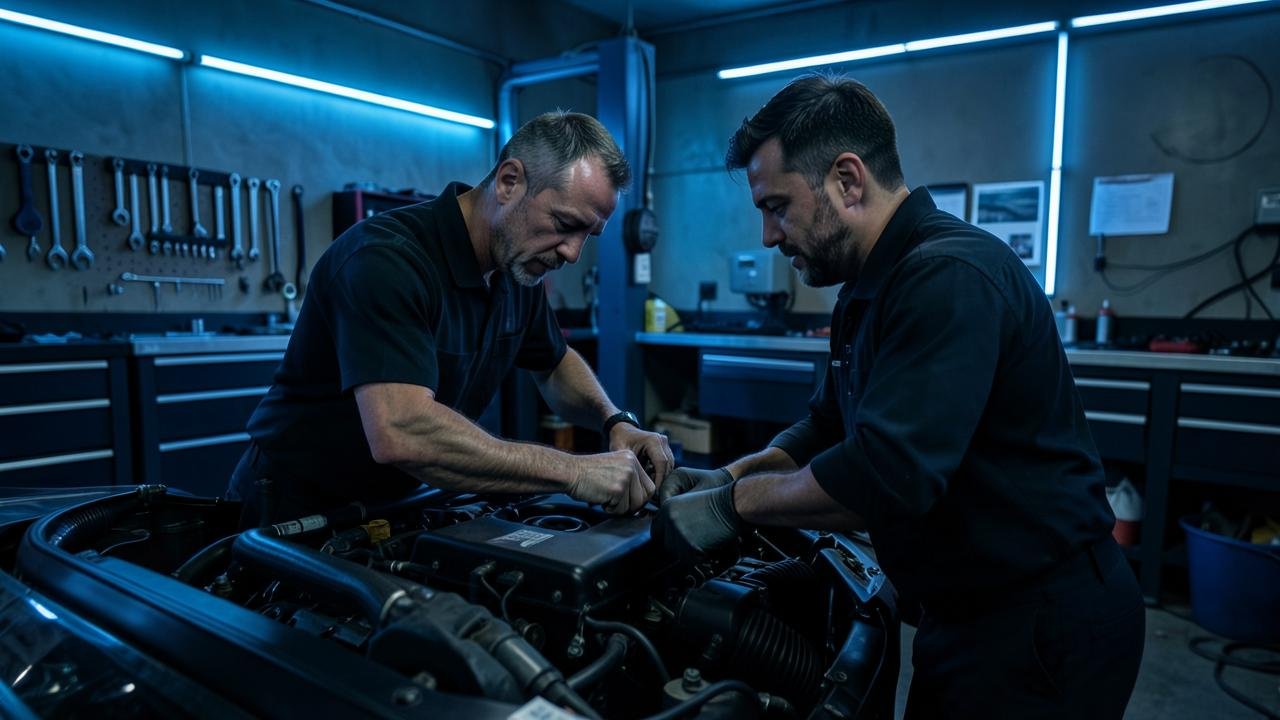 Birla Exchange Auto Shop mechanics working on a car engine